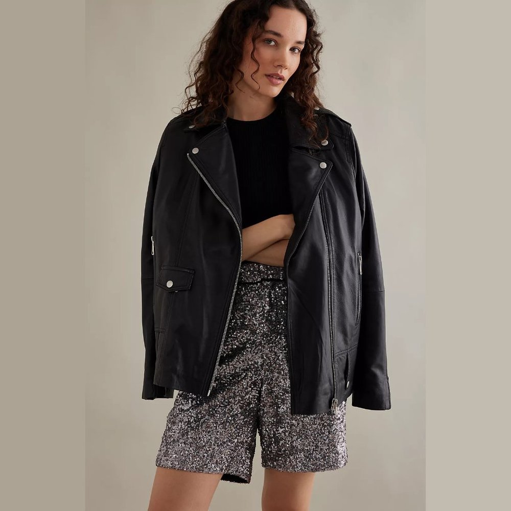 NEW Maeve Size L, Women's Sequin Longline Shorts - Silver